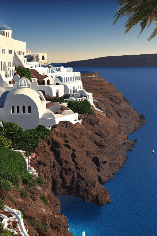 AI generated: Santorini Villa surrounded by water and nature, village, close view, volumetric lighting, photoreali...