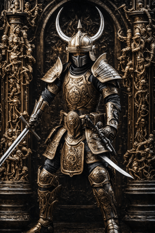 AI generated: Different  camerapositions, different fighting positions, A  biomechanical cyborg samurai,wearing hi...