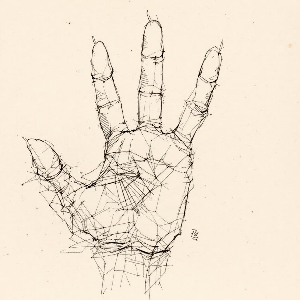 AI generated: Artistic sketch of a human hand in the style of da Vinci, four fingers and thumb