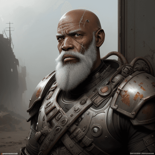 AI generated: 8k an elderly bald african american in rusty scavenger armor a long white beard and a worried and so...