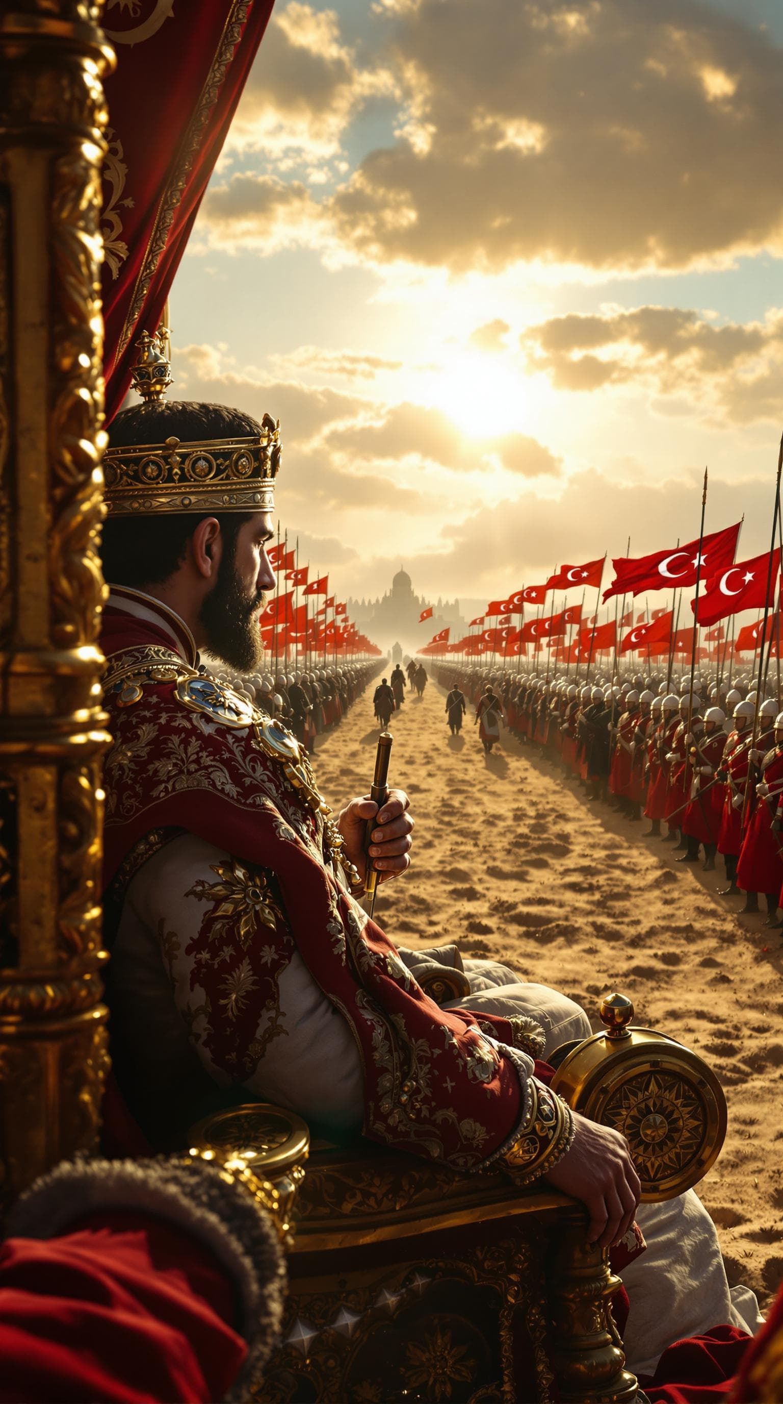 AI generated: First person POV, the Sultan sits confidently on a grand, ornate throne in the middle of a vast batt...