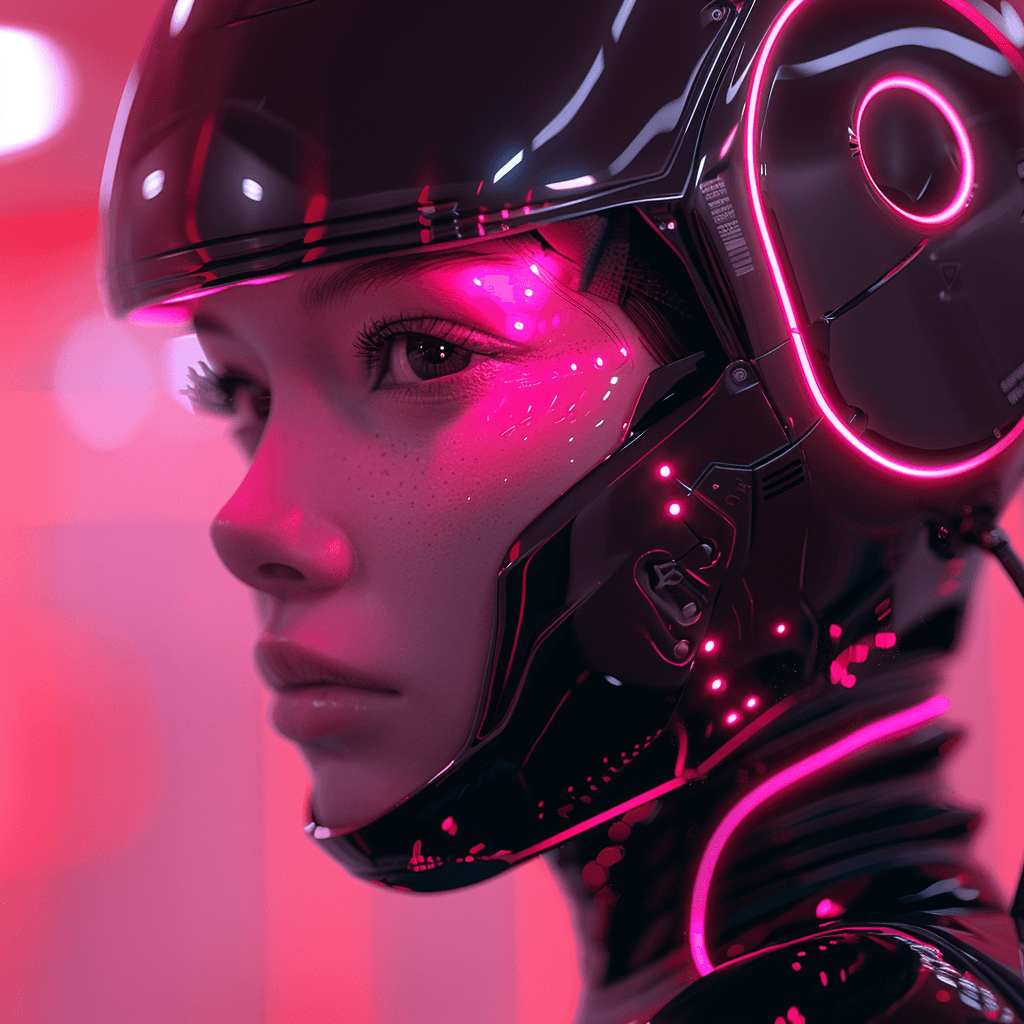 AI generated: pink and black , cyber, 8k, simple image , feminine, looking at something, side view--ar 1:1 