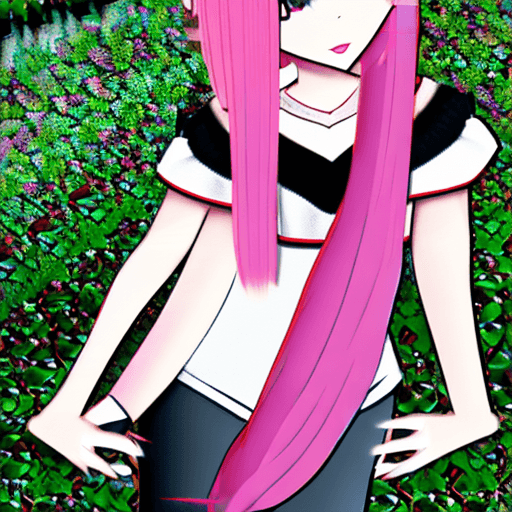 AI generated: 
(1girl, solo), (student, student uniform), (long, bright, straight, pink color hair), (X shape hair...