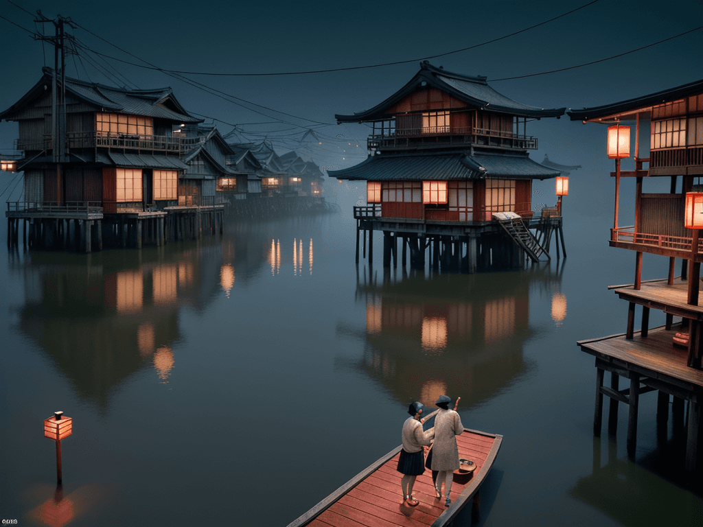 AI generated: vintage Japanese fishing village, night, light fog,, homes on stilts connected by boardwalks, people...