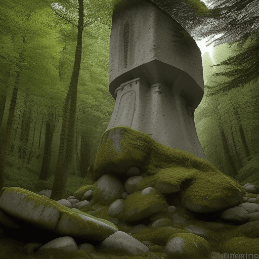 AI generated: Une clairière au cachée au fon d'une forêt avec des menhirs autour de cette clairière. Au centre de ...