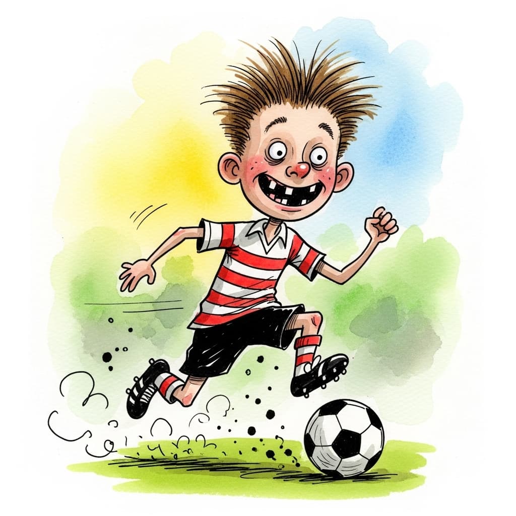 AI generated:  Quentin Blake caricature. Medium shot. Young boy soccer player. Hand-drawn lines. Expressive ink sp...