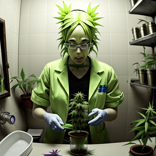 AI generated: a crazy radioactive chemist making marijuana flowers in a small bathroom full of marijuana plants
