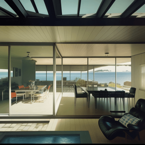 AI generated: Hyper realistic eye level exterior photo of a mid century modern style house overlooking the ocean, ...