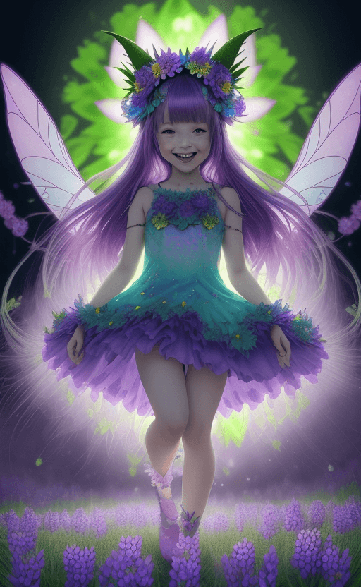 AI generated: wide-shot full body portrait of happy laughing kawaii flower fairy girl, 5 year old girl playing in ...