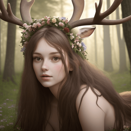 AI generated: woman on her back with loose hair and deer antlers on her head with delicate flowers, realistic phot...