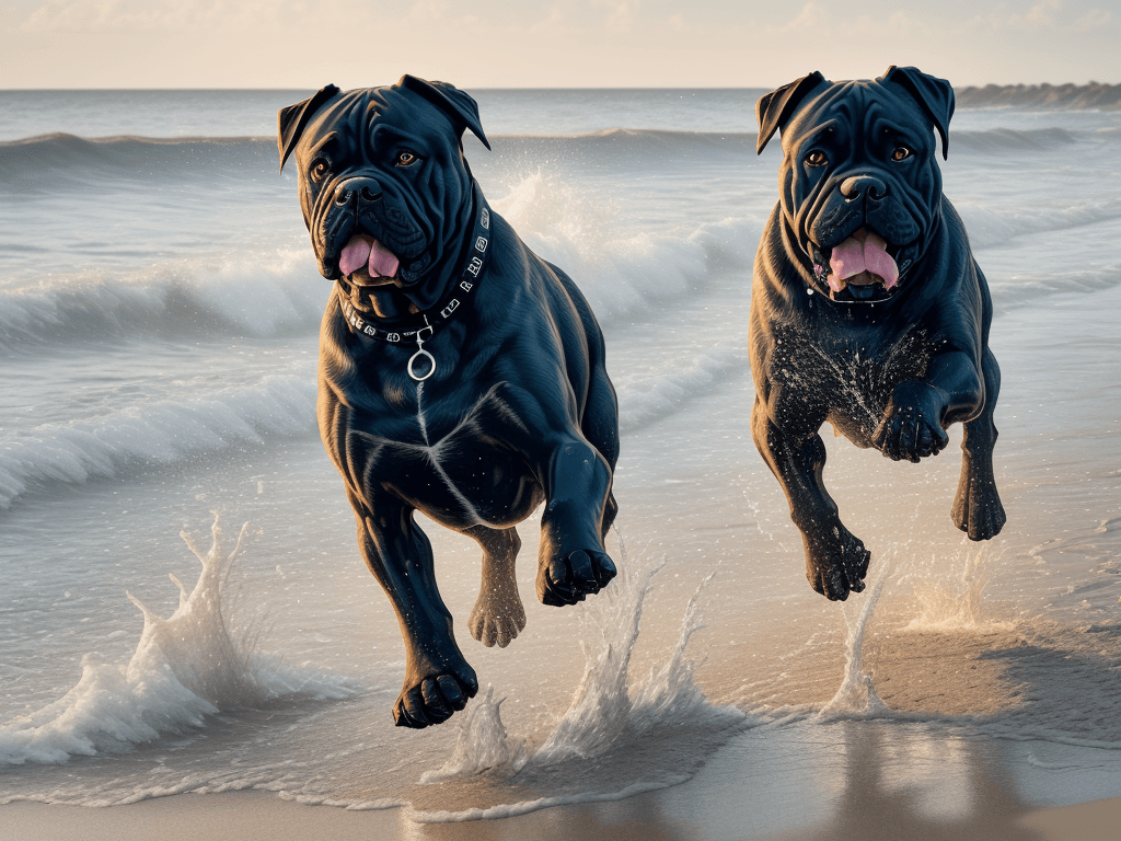 AI generated: Photo of an ultra realistic Cane Corso dog running on the beach, splashing water and sand, happy sce...