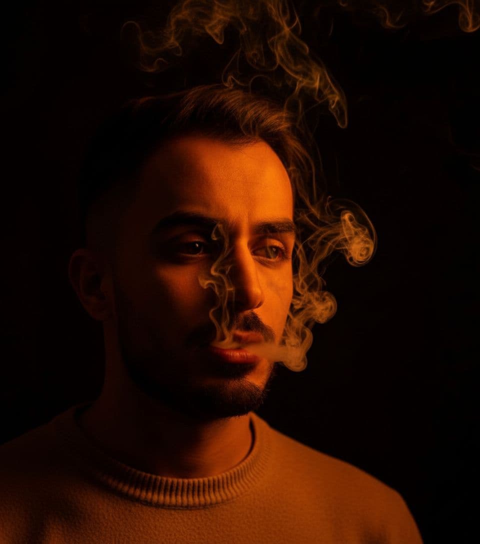AI generated: cinematic close-up of a young man with vibrant orange smoke curling from his lips against a solid bl...