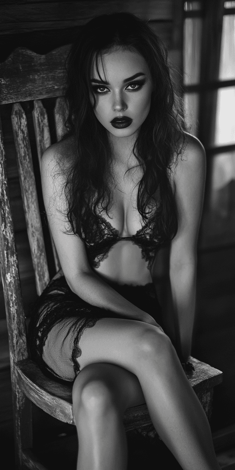 AI generated: In a  black and white portrait, A woman with dark makeup and long hair sits on a wooden chair, weari...