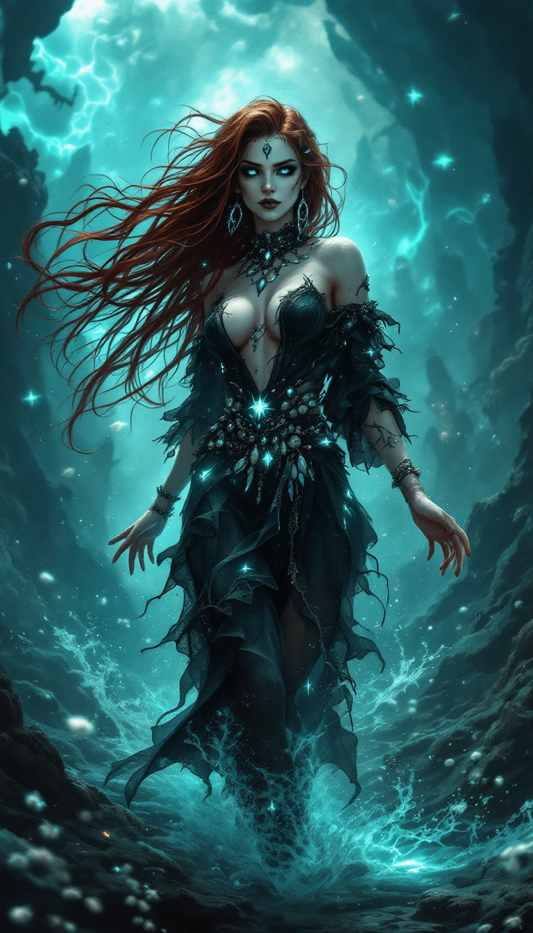 AI generated: The Abyssal Tide Weaver: A captivating and mysterious sorceress with long, dark auburn hair that see...