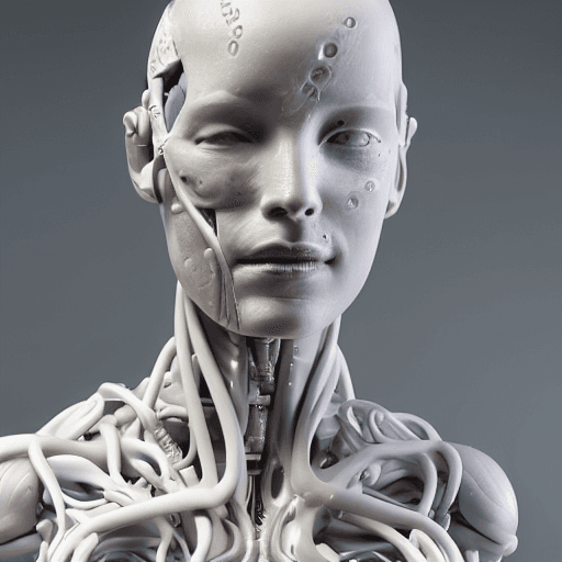 AI generated: cyborg woman| visible detailed brain| muscles| cable wires| biopunk| cybernetic| cyberpunk| white ma...