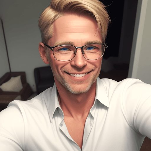 AI generated: Handsome Caucasian man, about 40 years old, short blond hair, glasses, taking a selfie, smiling