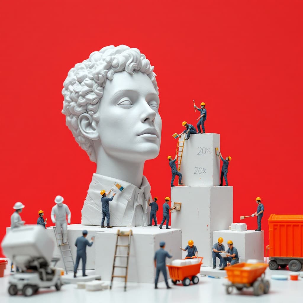 AI generated: Tiny miniature uniformed workers paint and draw and construct figures of 20 percent, supporting the ...