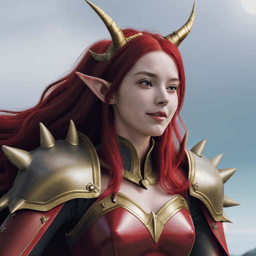 AI generated: anime, red hair, red armor, gold trim, greatsword, dragon horns, spiky armor, elf ears, wind blowing...