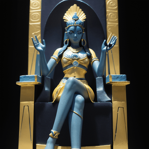 AI generated: A Maya-inspired figure in a dark blue, yellow-accented garb sits on a glyph-adorned throne against a...