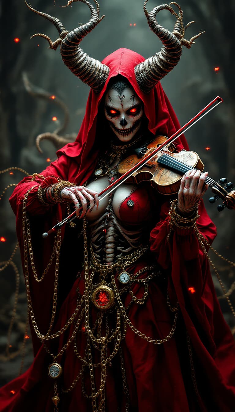 AI generated: "Fractal Fury: Crimson Queen's Descent": A hyper realistic and ultra detailed photorealistic horrorc...