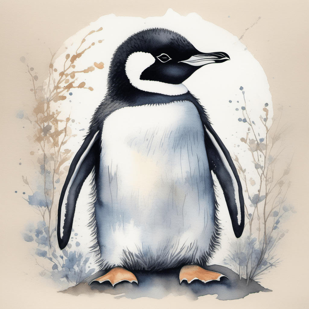 AI generated: young round penguin, highly detailed fine pencil lines, watercolour painting, japanese style, pastel...