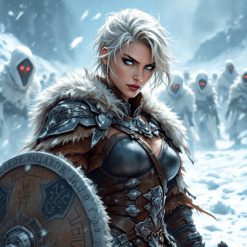 AI generated: The Runeblade Valkyrie: A fierce warrior with short, platinum blonde hair styled into a practical, w...