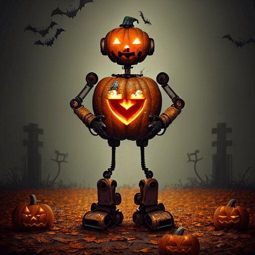 AI generated: cute anthropomorphic rusty and battered robot with a pumpkin heart,in a creepy and cute setting, Hal...