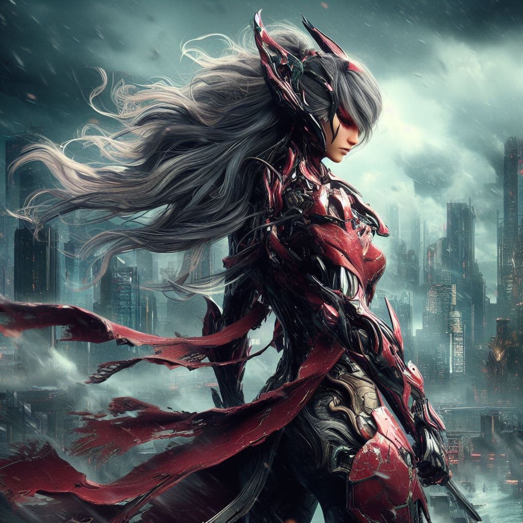 AI generated: Badass woman wearing a damaged organic Samurai armor, proud pose, epic composition, warframe, Ultrak...