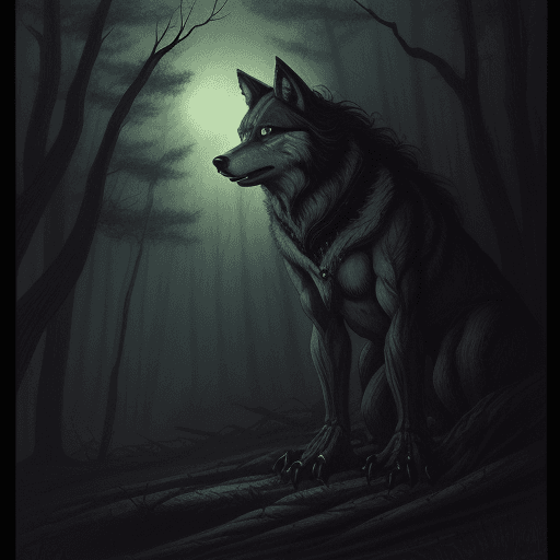 AI generated: 70’s dark fantasy, illustration, pine barrens, monster, wolf
