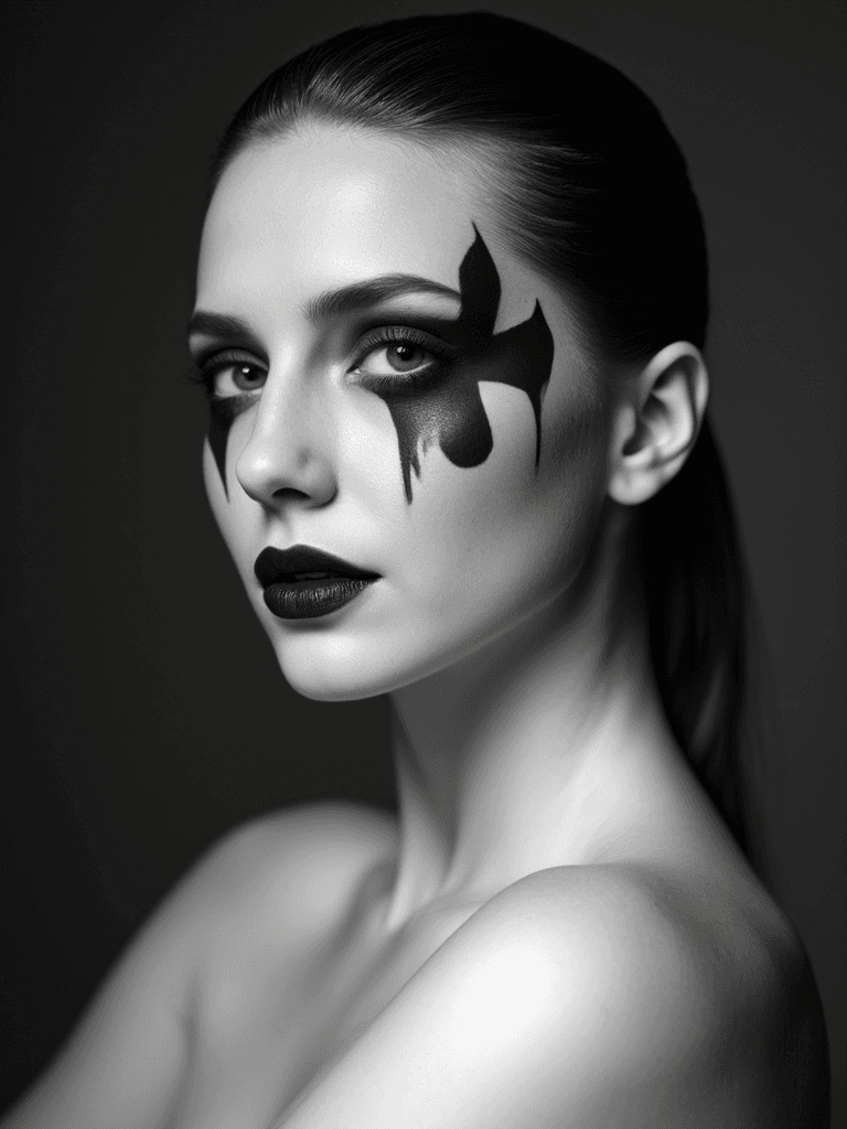 AI generated: Monochrome fine art portrait of a woman with dark, expressive makeup resembling abstract shapes arou...