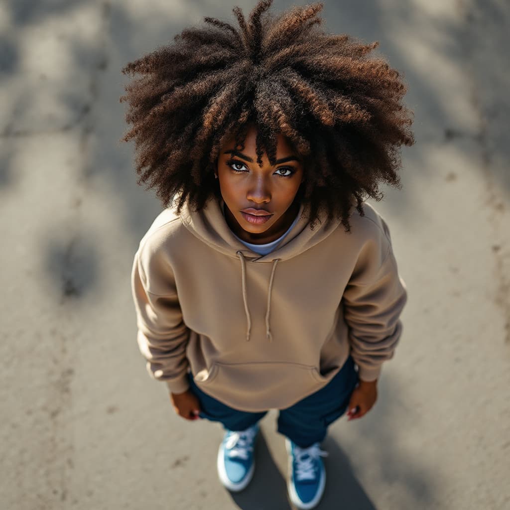AI generated: photography, top view, full-body, female model with voluminous afro curly hair, well-defined tight c...