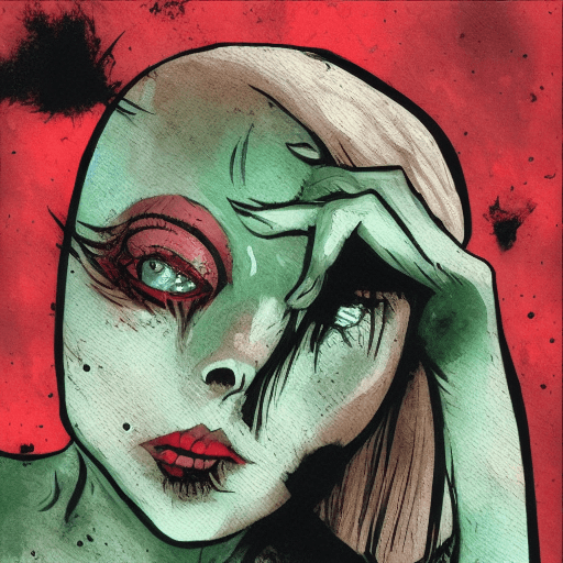 AI generated: picture of a woman with green eyes, in the style of horror , dark red and black, close up, dotted, n...