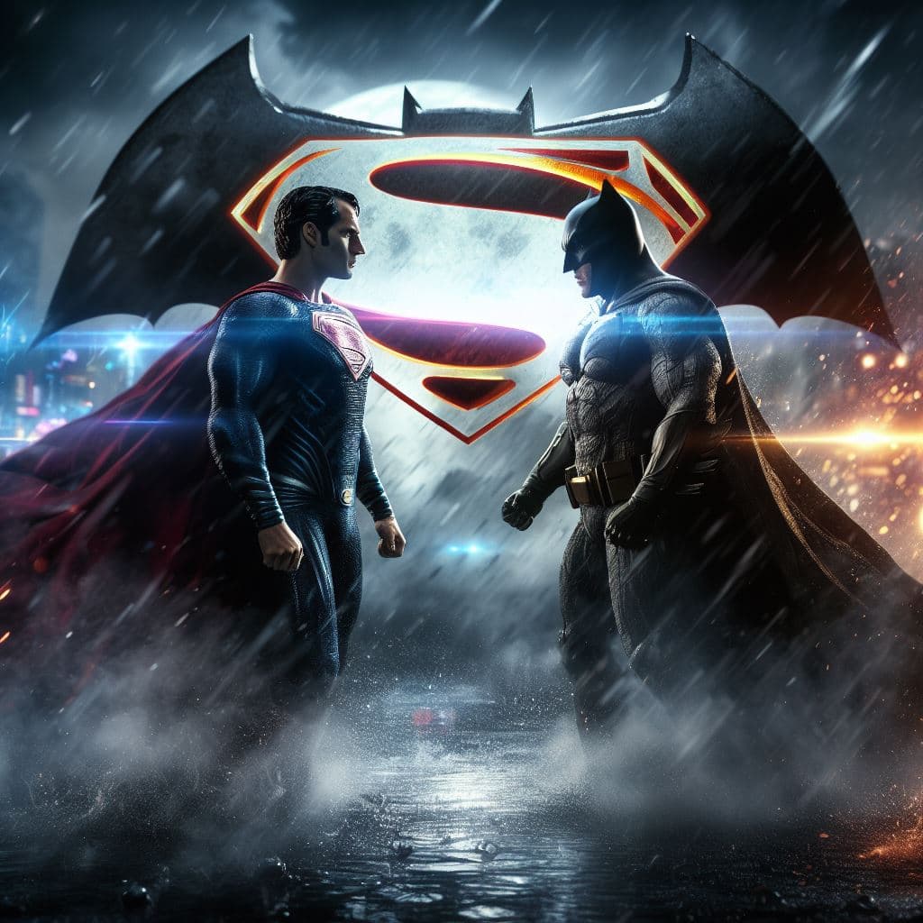 AI generated: Batman and Superman going head to head with a dramatic background featuring their combined illuminat...