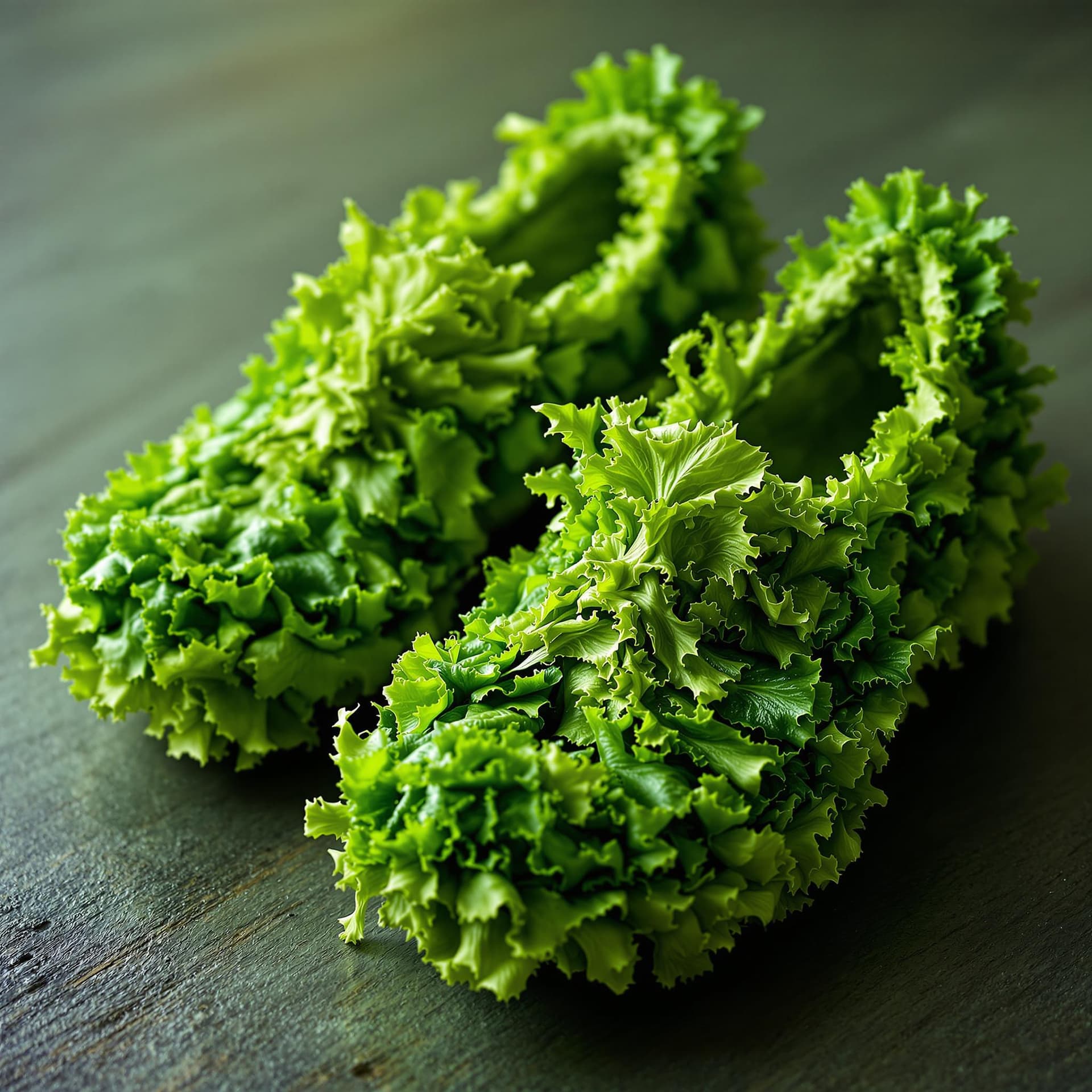 AI generated: a pair of surreal raw lettuce salad shoes made of splashy raw Lettuce structure (Spinach) raw green ...