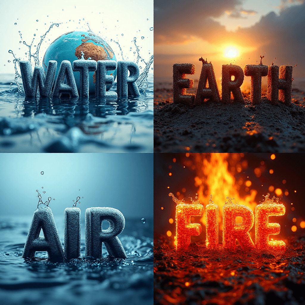 AI generated: the image show the fourth elements, each one in a part of the picture, first part is at top left and...