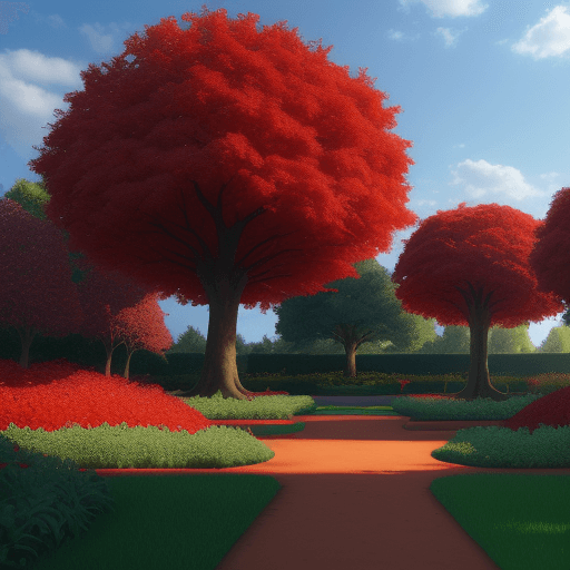 AI generated: red trees in ground garden day light  sky leef falling realistic 
pixar style 4k
 
