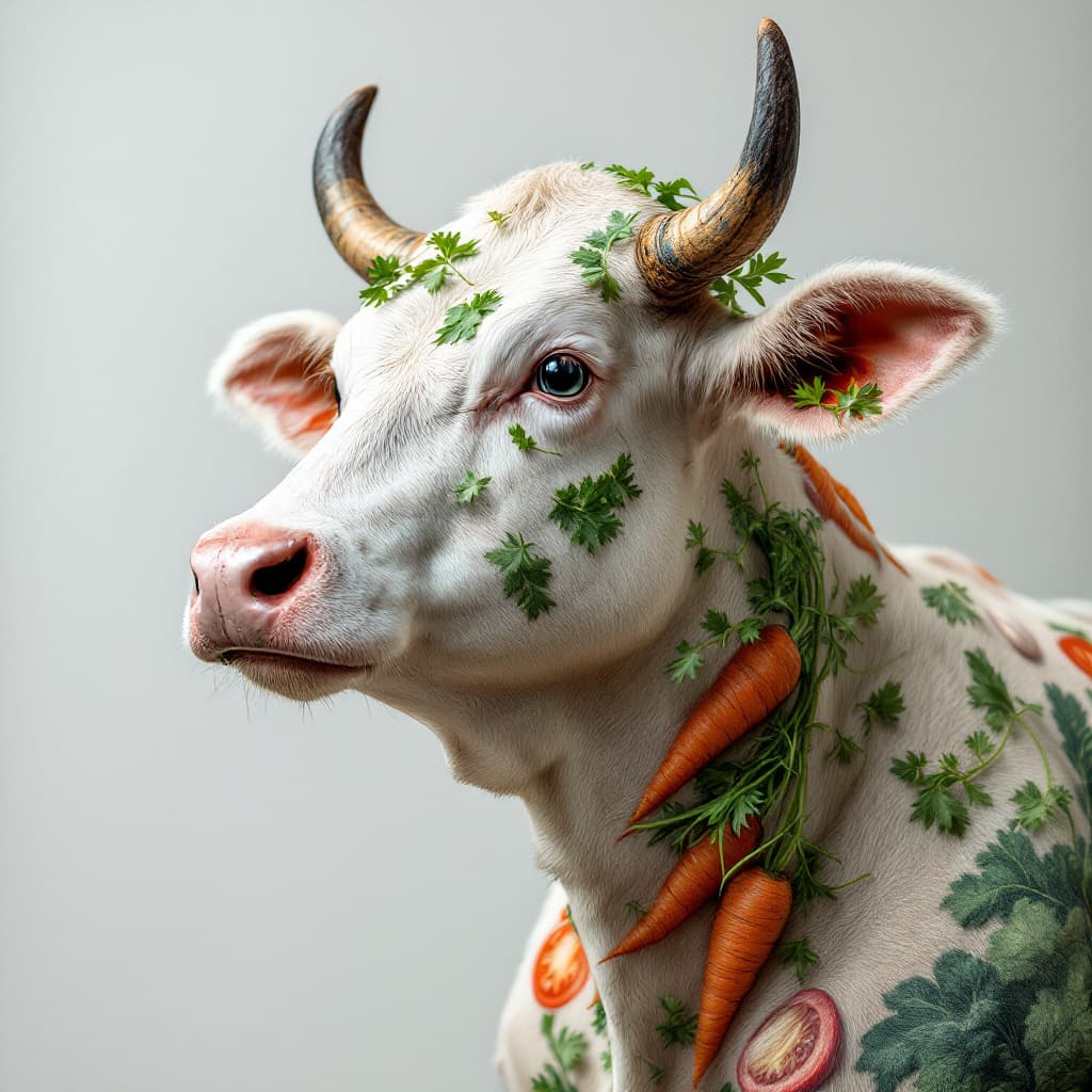 AI generated: photography close up, studio portrait of a shaved cow, tattooed with veggies, coriander, garlic, tom...