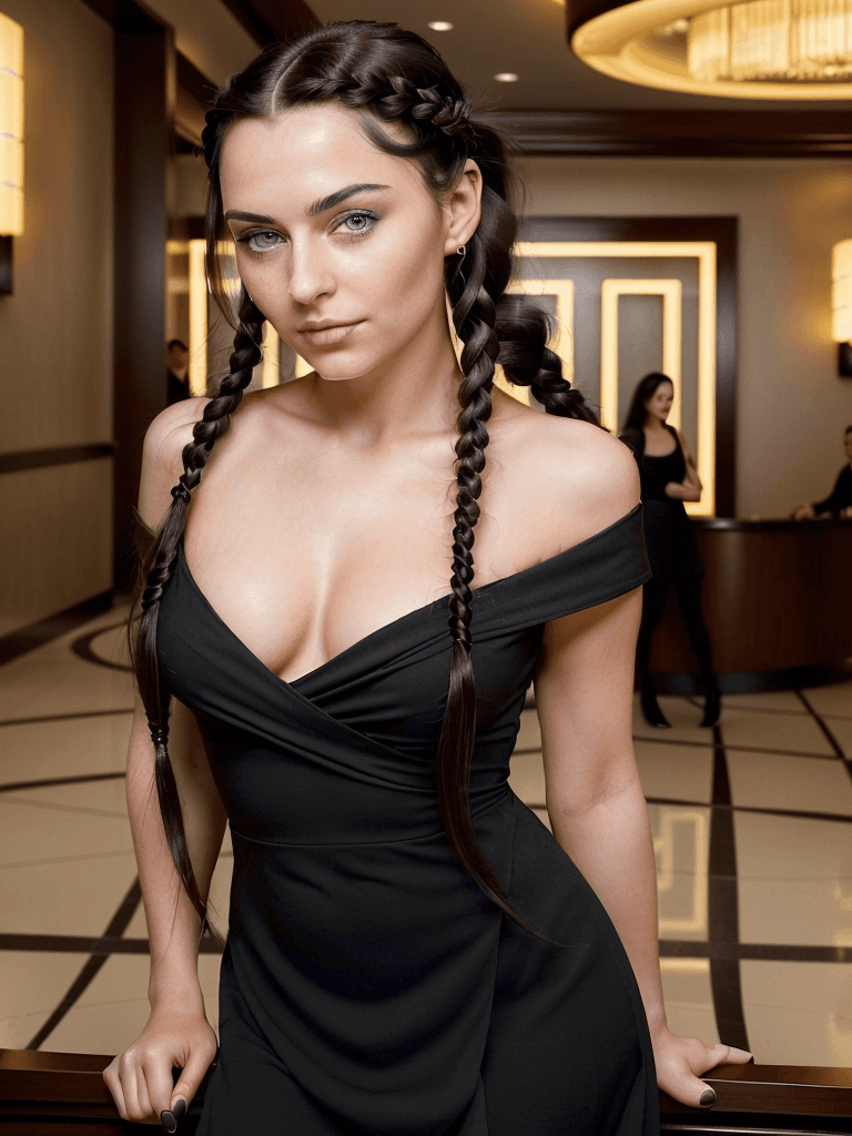 AI generated: Create an image of a highly attractive woman with long dark hair braided over her shoulders. She is ...