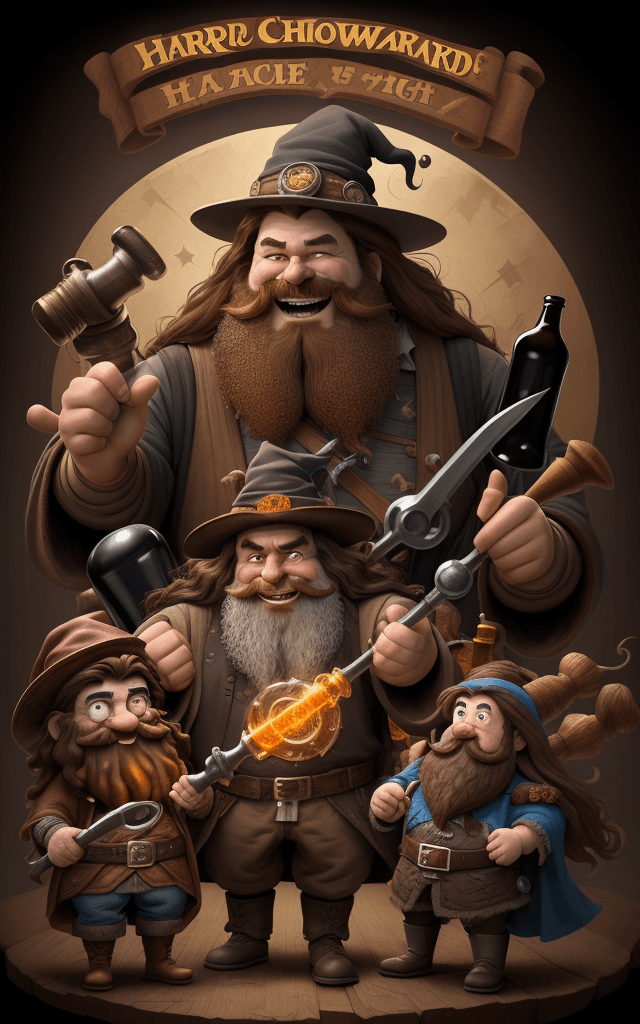 AI generated: charming character illustration, laughing wizard, stout, dark bottle, long brown beard, long brown h...