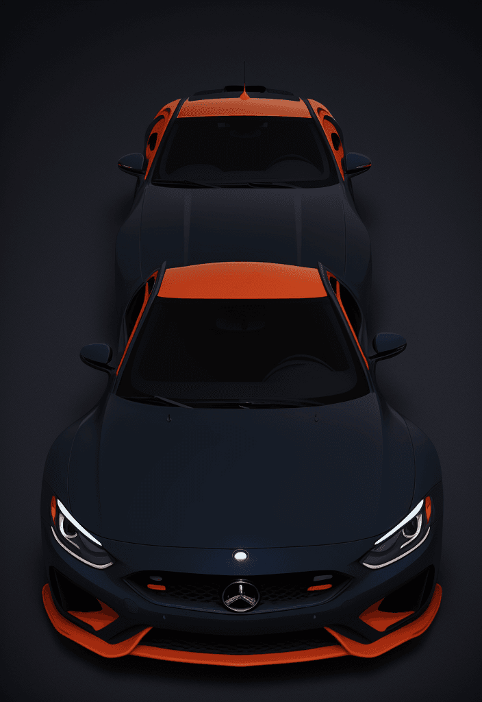 AI generated: 
Navy blue background with minimal orange car outline on the left side