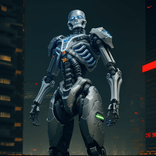 AI generated: Majestic skeletal mech adorned in obsidian cybernetic armor, cyberpunk-infused exo-suit, commanding ...