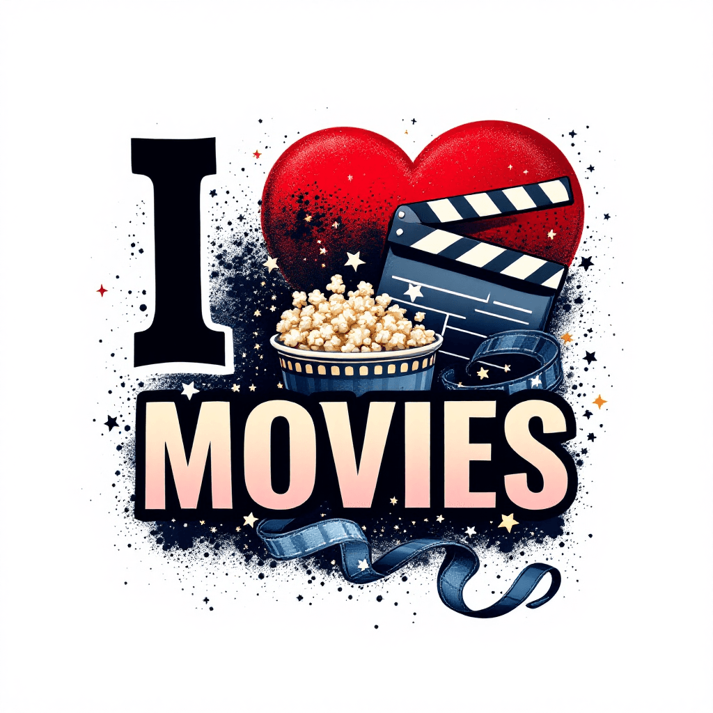 AI generated: Create a cinematic graphic featuring the bold text "I LOVE MOVIES" on a clean, sharp white backgroun...