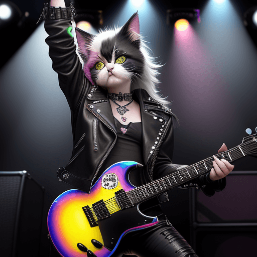AI generated: "Create a fun and edgy kitten character with a rainbow-colored fur pattern and big, expressive eyes....