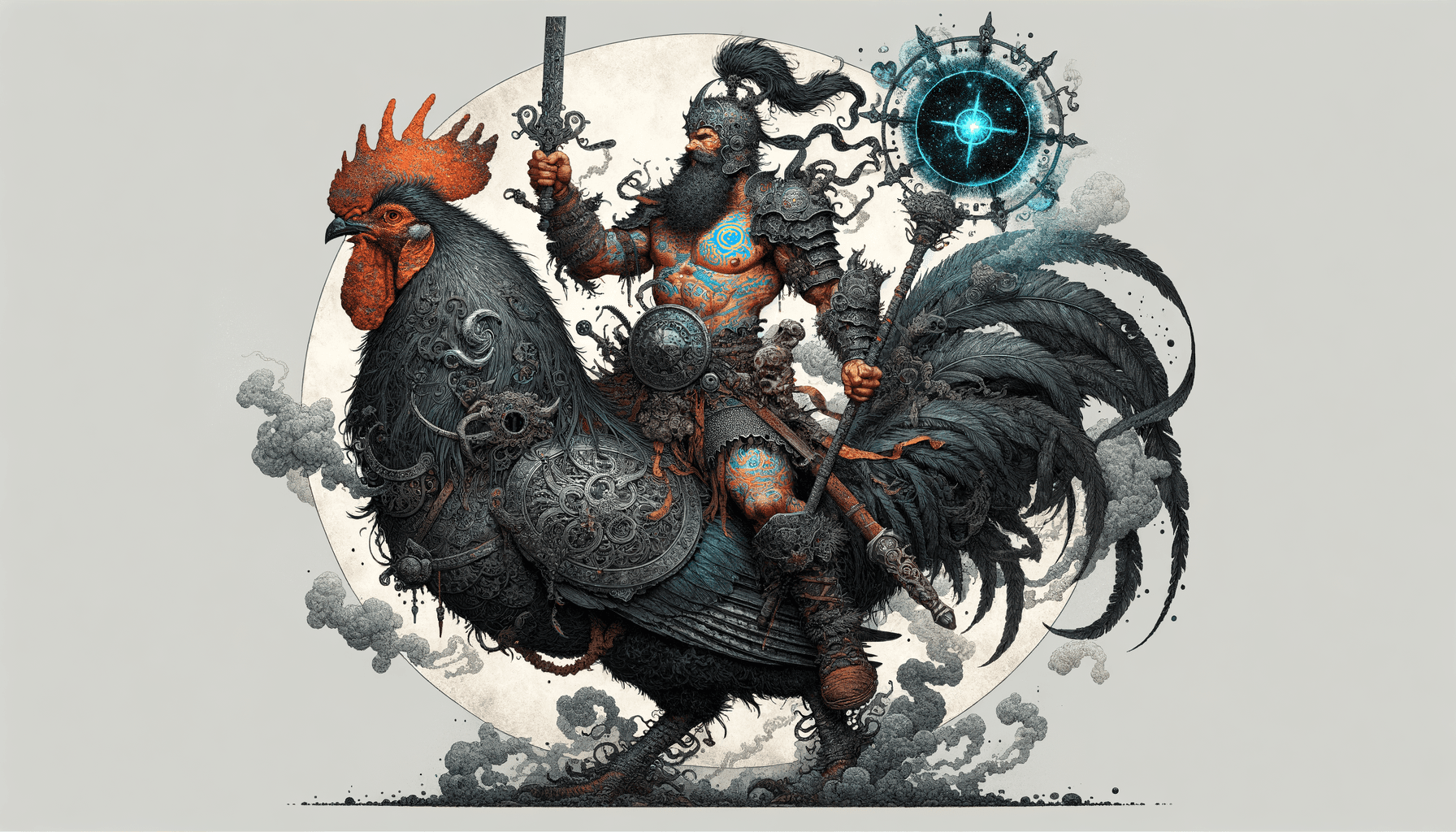 AI generated: a loin cloth attired barbarian covered in tattoos with a large glowing smoking magical star on his c...