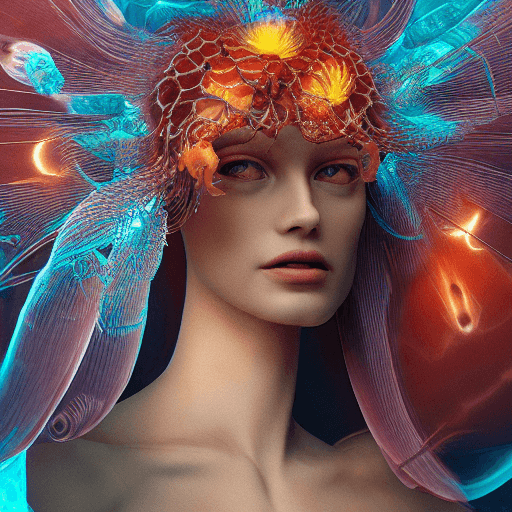 AI generated: Goddess close-up portrait ribcagel. jellyfish phoenix head, nautilus, orchid, skull, betta fish, bio...