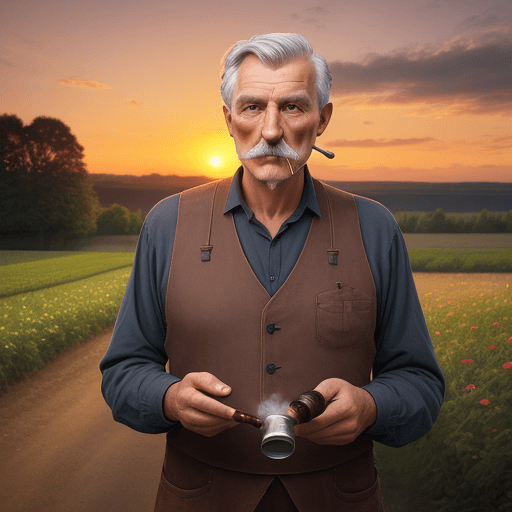 AI generated: Grandfather, Pipesmoker, Farmhaus, realistic sunset 