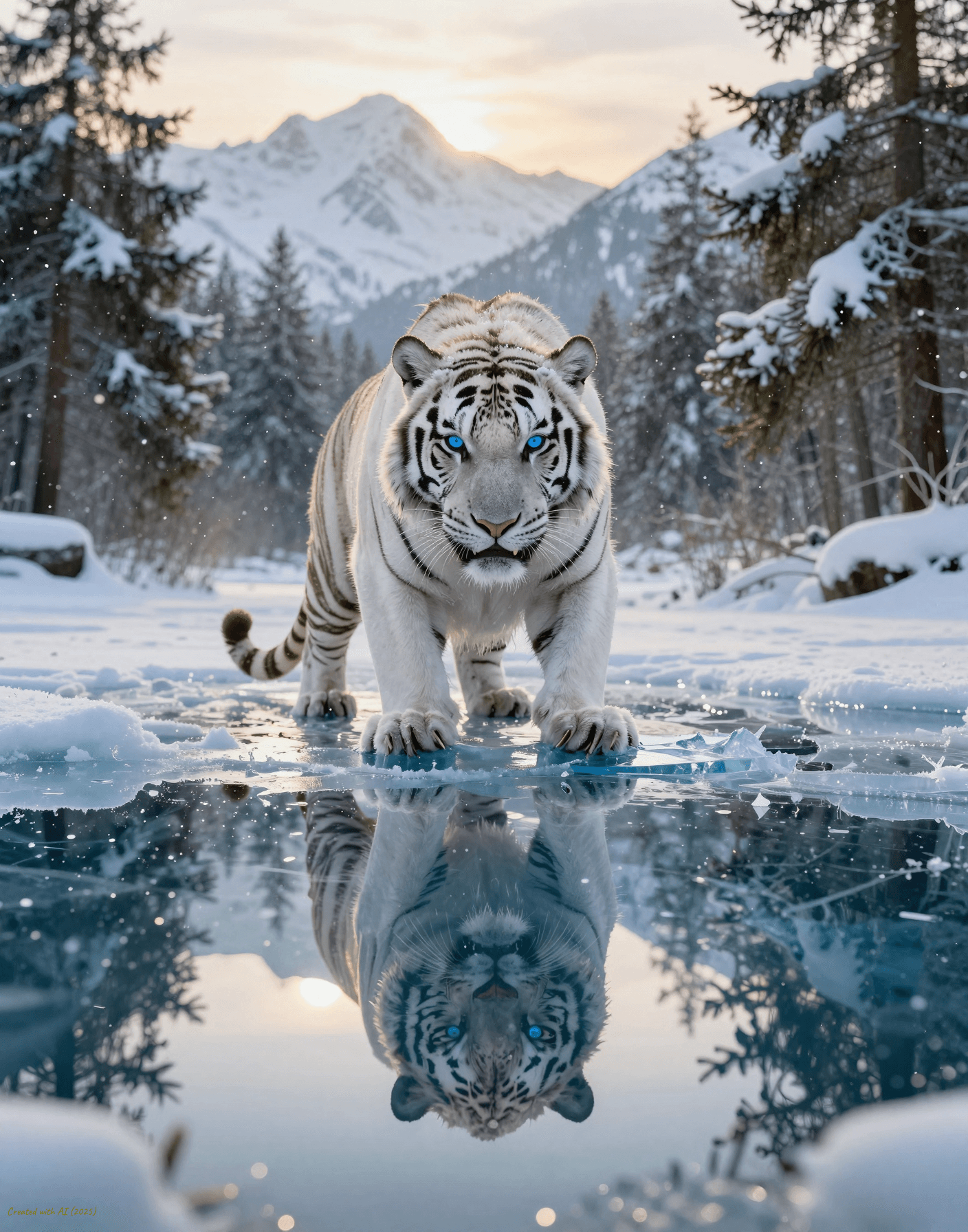 AI generated: subject
A massive white Bengal tiger (pure snow-white fur with very faint charcoal-gray stripes), p...