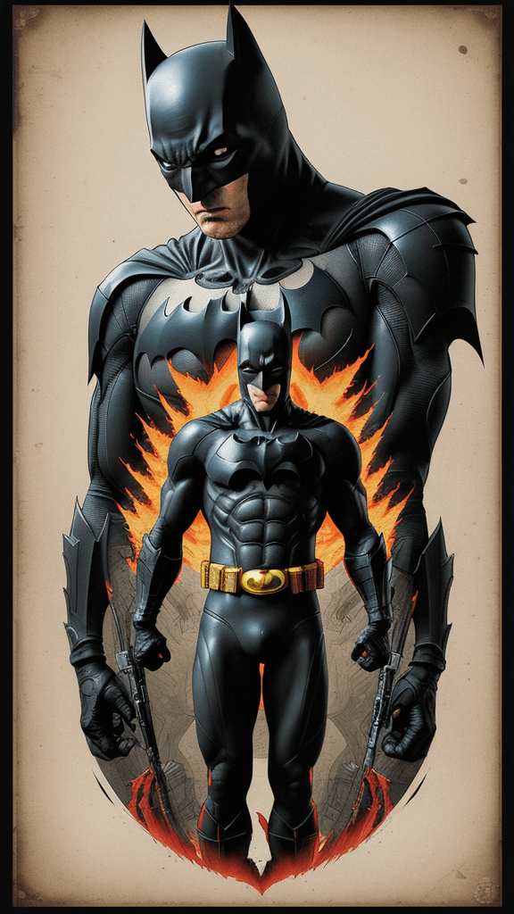 AI generated: Large COMIC border all round. Overlay Japanese gorecore type 16k poster with of EVIL VANQUISHED BATM...