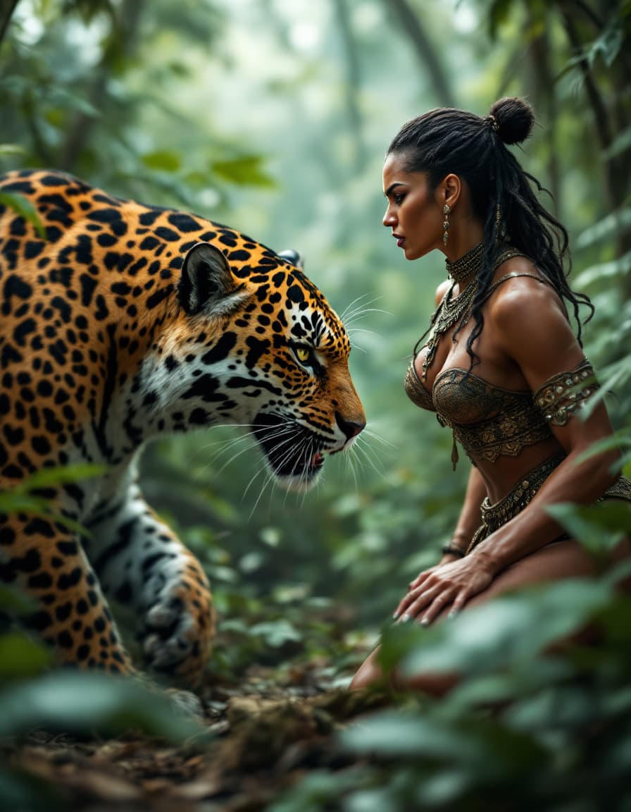 AI generated: (side view, picture) In a lush, overgrown jungle, a fierce (angry expression) and agile warrior-quee...