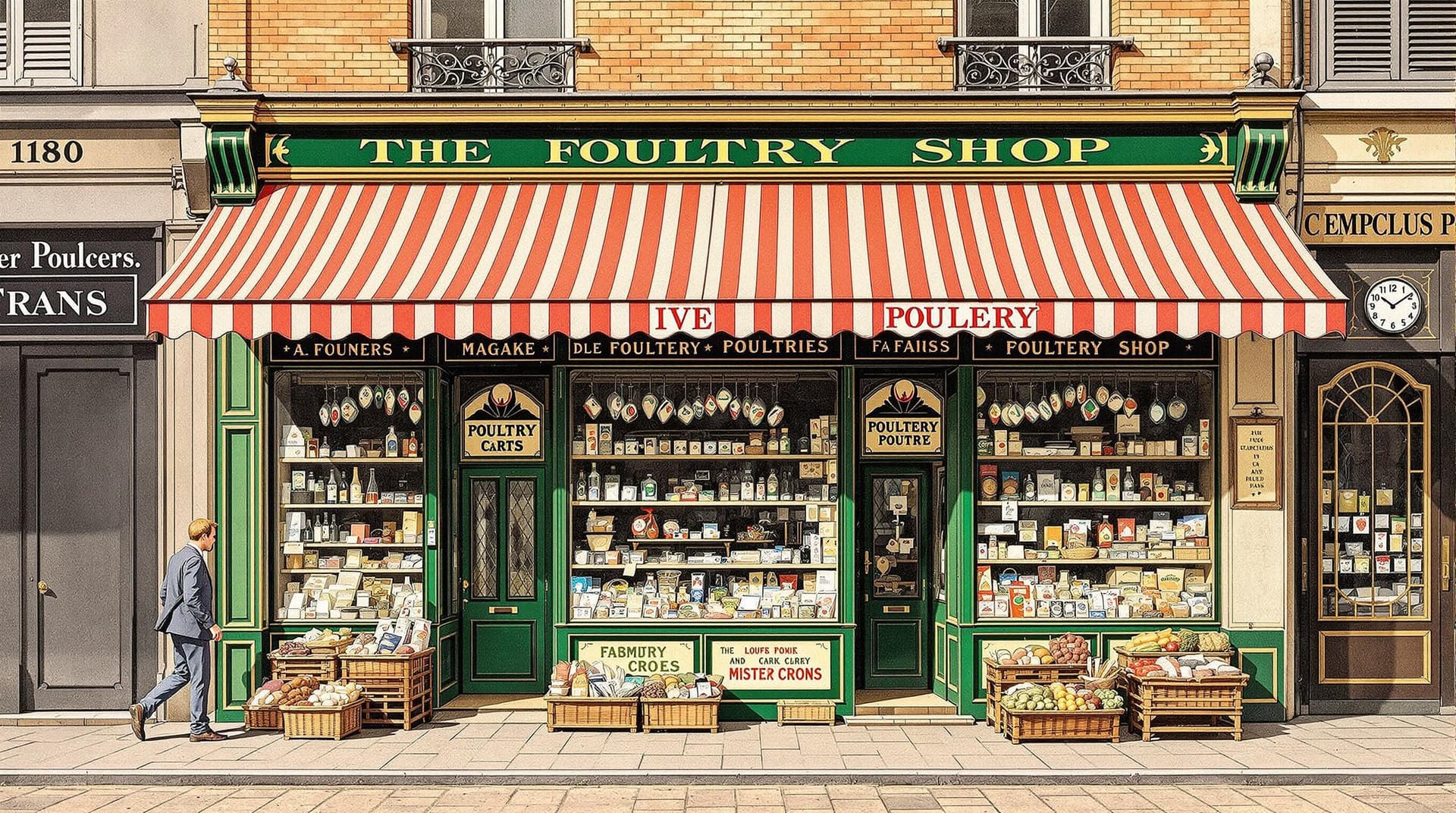 AI generated: Paris 1880, hyperrealistic illustration in vibrant colours, a facade of a a poultry shop, displays o...